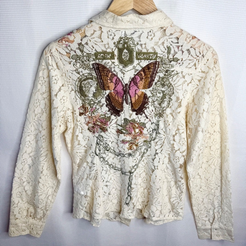 Vintage Y2K Lace Embroidered Butterfly Floral Shirt Cream Whimsigoth Fairy Large